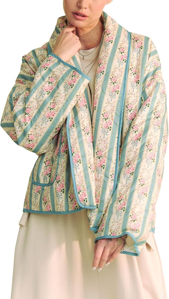 Women’s Floral Quilted Jacket Lightweight Padded Outerwear Puffy Cardigan Coat with Pockets | Amazon (US)