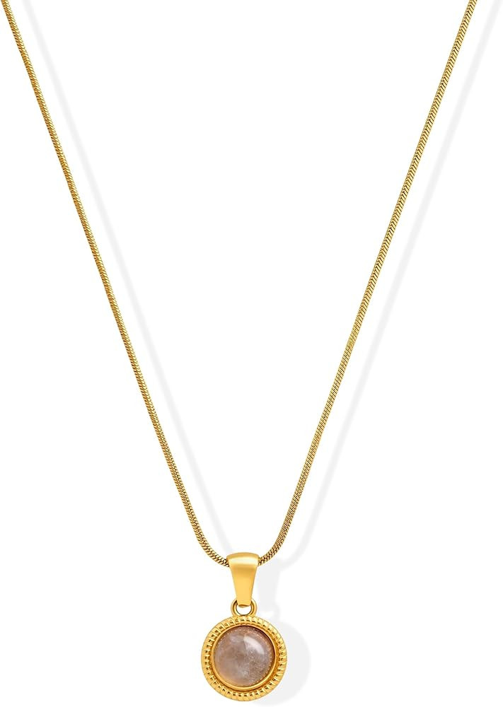 Dainty Gemstone Necklace for Women 14k Gold Plated Round Natural Stone Pendant Necklaces with Sna... | Amazon (US)