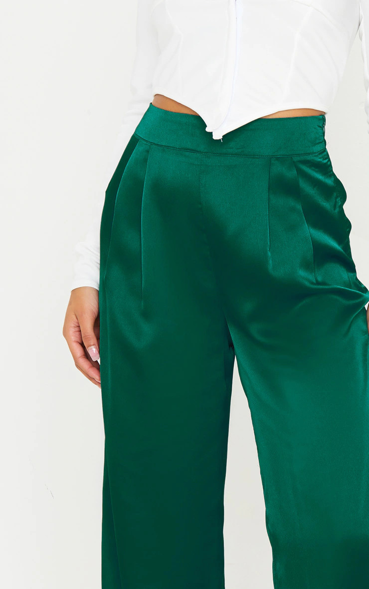 Emerald Green Satin High Waisted Wide Leg Pants | PrettyLittleThing US