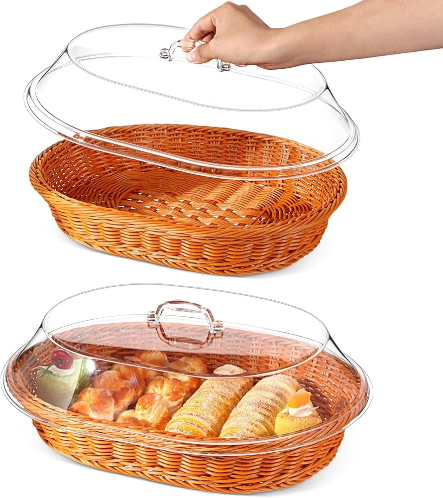 Hushee 2 Set Imitation Rattan Bread Basket with Lid Wicker Bread Baskets for Serving Woven Fruit ... | Amazon (US)