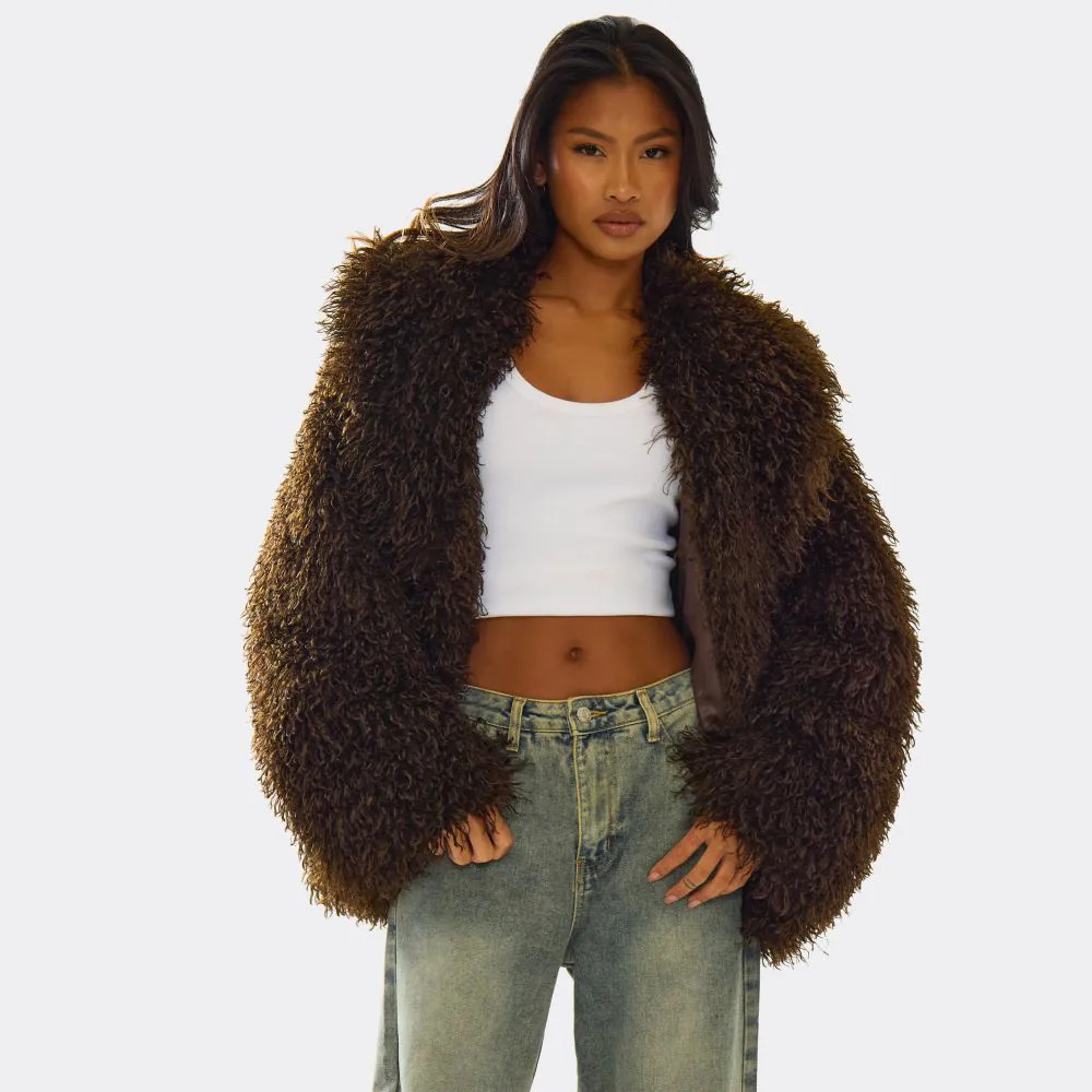 Oversized Collar Shaggy Coat In Chocolate Brown Faux Fur | EGO (UK)