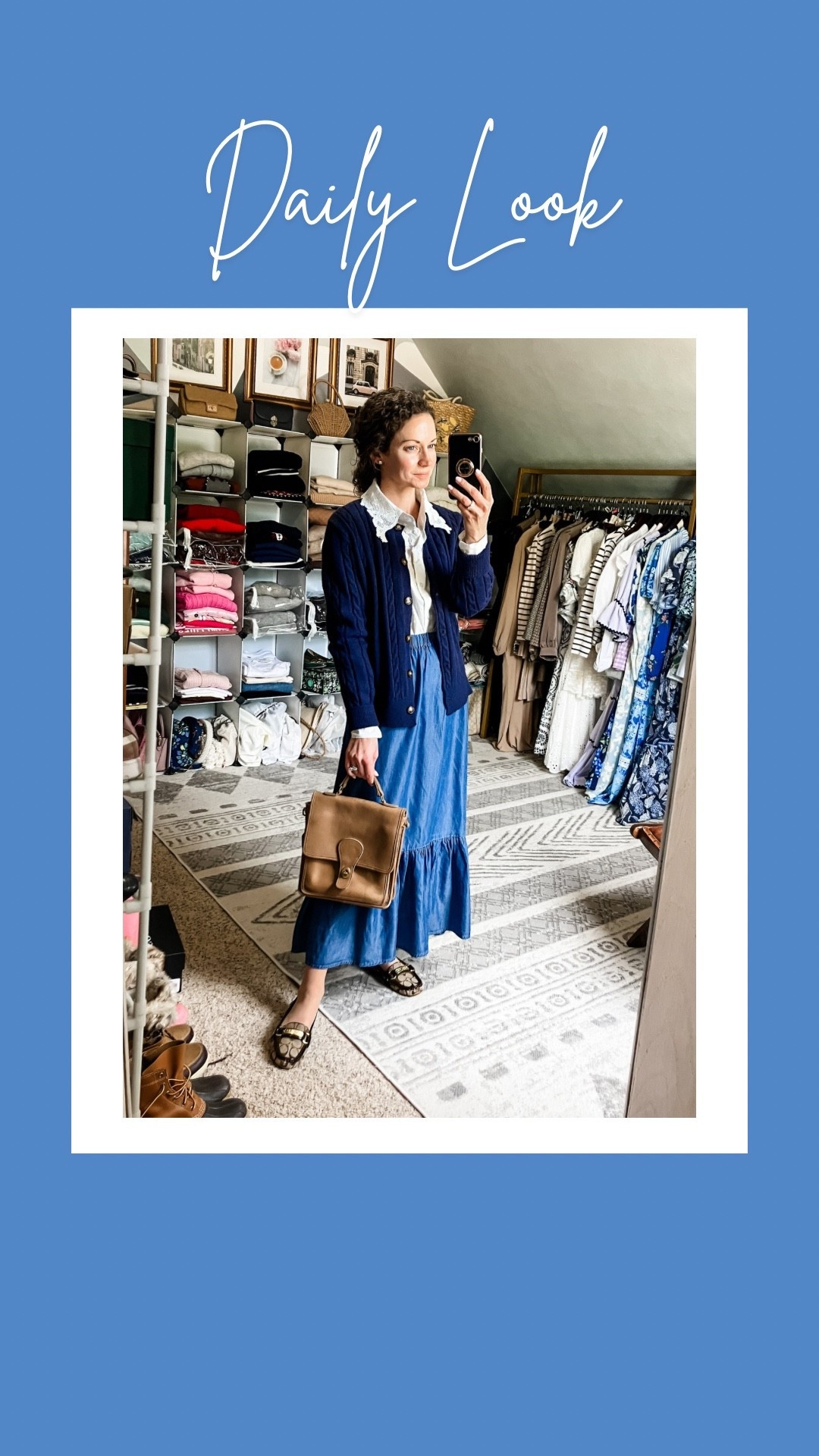 A denim midi skirt, white cotton shirt and cardigan for spring!
Navy cardigan from Amazon. 
White cotton lace shirt from Chicwish. 
Denim midi skirt from Amazon. 
Diamond stud earrings from Amazon. 
Vintage Coach bag, linking similar. 
Coach loafers are old, linking similar. 
Petite outfit. Preppy outfit. Modest outfit. Classic outfit  

#LTKdayinmylife #LTKootd #LTKgrwm