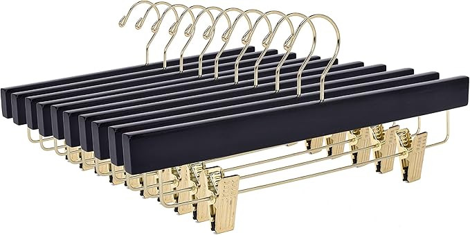 Quality Hangers Black Wooden Pants Hangers - 10-Pack Swivel Hook Cloth Hanger Set - Lotus Wood Sk... | Amazon (US)