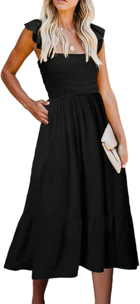 BLENCOT Women's Ruffle Spaghetti Straps Midi Dress 2023 Summer Sleeveless A Line Swing Smocked Su... | Amazon (US)