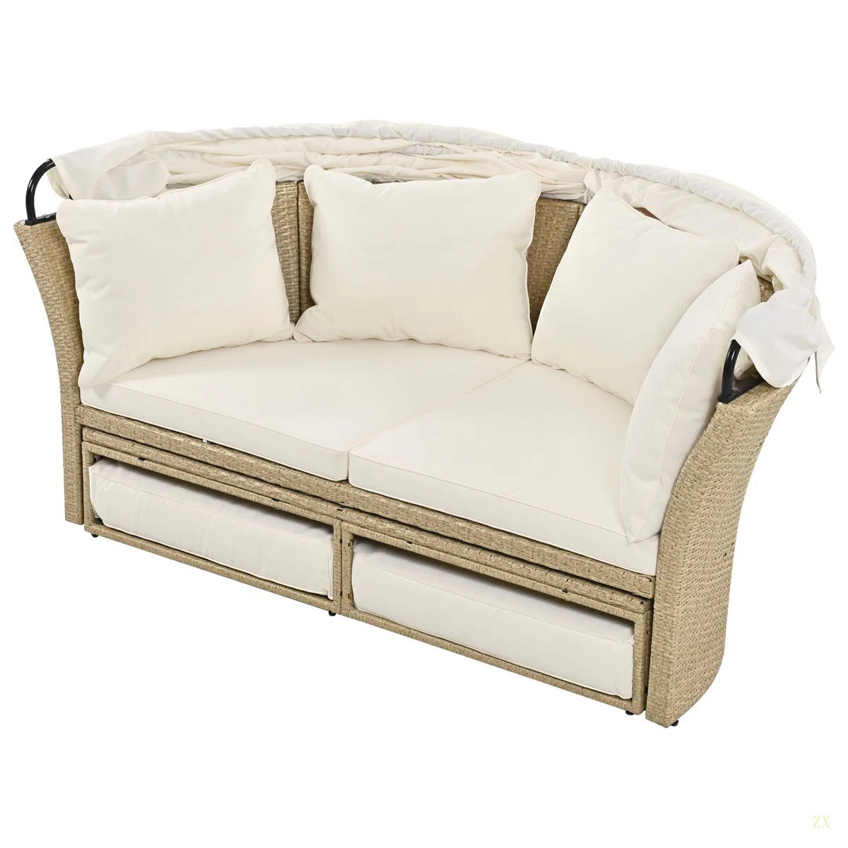 Outdoor Patio Daybed Wicker Rattan Double Daybed Round Sofa Furniture Set With Retractable Canopy... | Wayfair North America