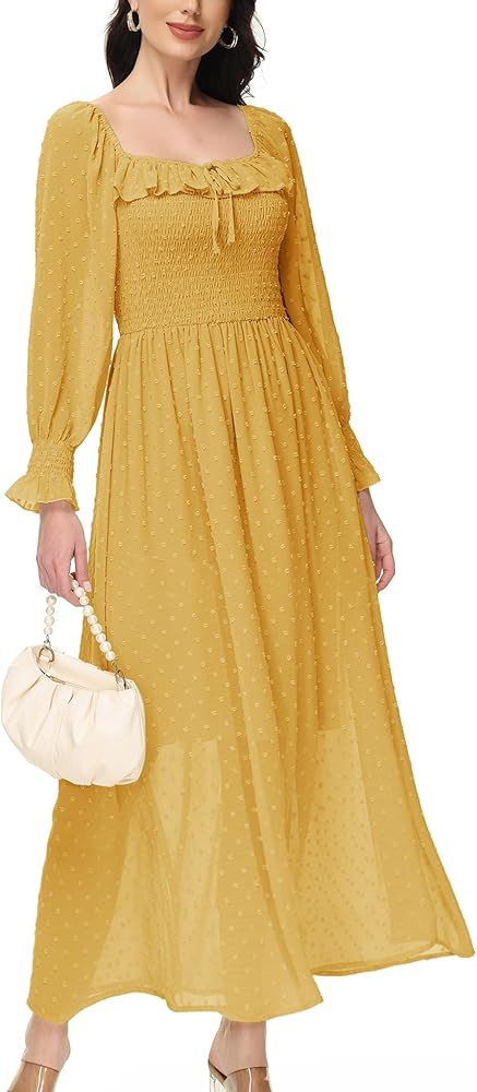 Anna-Kaci Vintage Dress Casual Long Puff Sleeve High Waist Smocked Chiffon Lace Flowy Summer Dres... | Amazon (US)