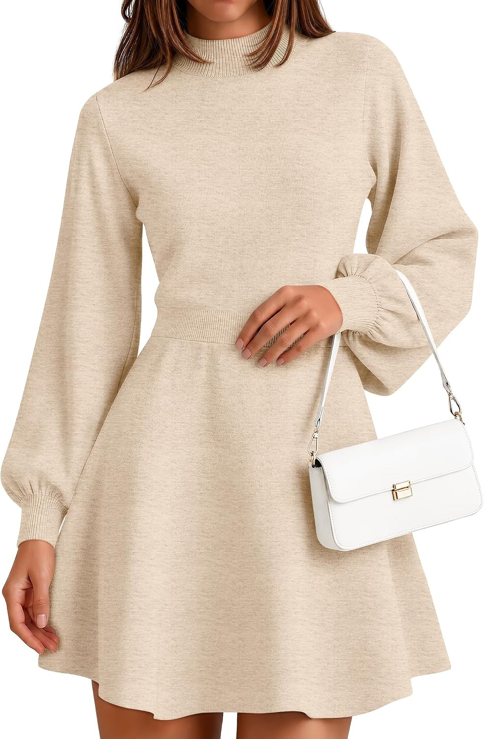 ZESICA Womens Fall Mock Neck Long Lantern Sleeve Sweater Mini Dress | Amazon (US)