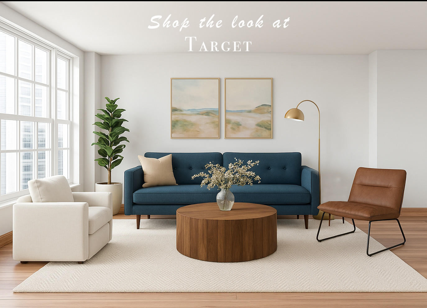 Living Room Design. Target. Sofa. Coffee Table. Accent Chair. Artwork. Wool rug 

 