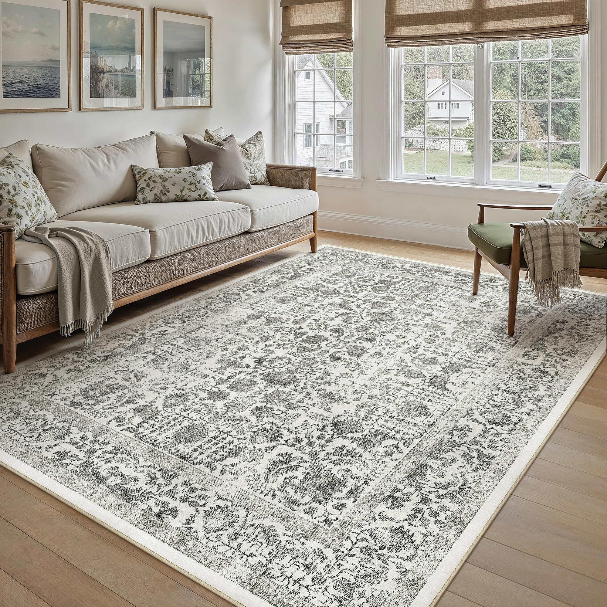 Black Area Rug 5x7 Machine Washable Vintage Living Room Distressed Non Slip Carpet Traditional In... | Amazon (US)