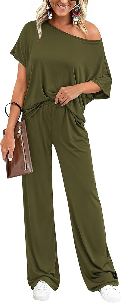 KIRUNDO 2 Piece Lounge Sets for Women Airport Travel Vacation Outfits 2026 Summer Off Shoulder To... | Amazon (US)