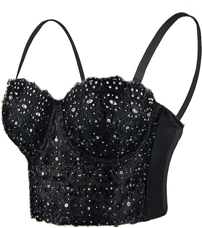 ELLACCI Women's Natural Reigning Lace Rhinestone Bustier Crop Top Sexy Mesh Corset Top Bra Black | Amazon (US)