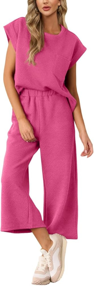 AGSEEM Two Piece Sets for Women Summer Short Sleeve Lounge Sets Cropped Wide Pants Outfits Lounge... | Amazon (US)