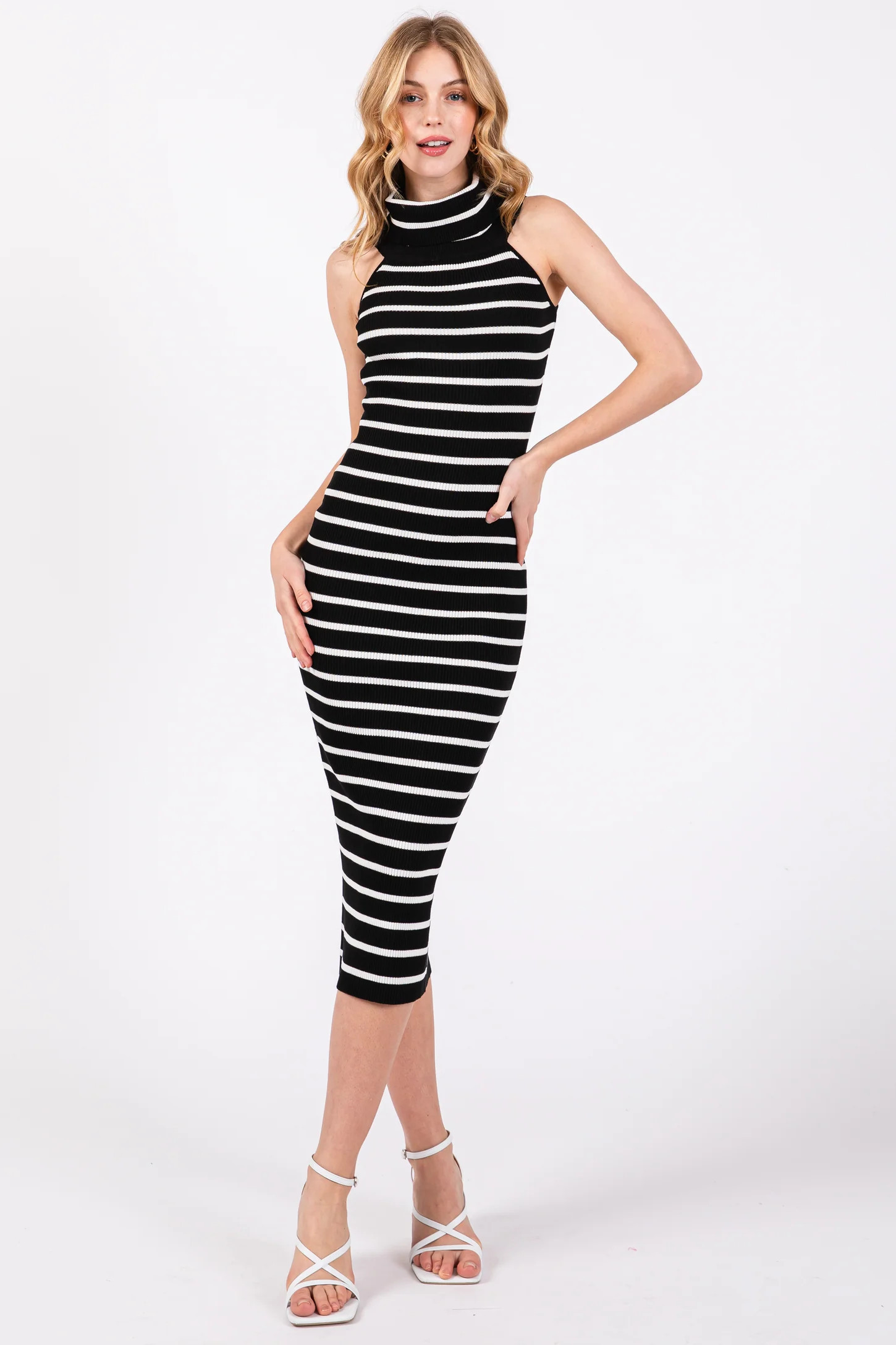 Black Striped Ribbed Off Shoulder Midi Dress | PinkBlush Maternity