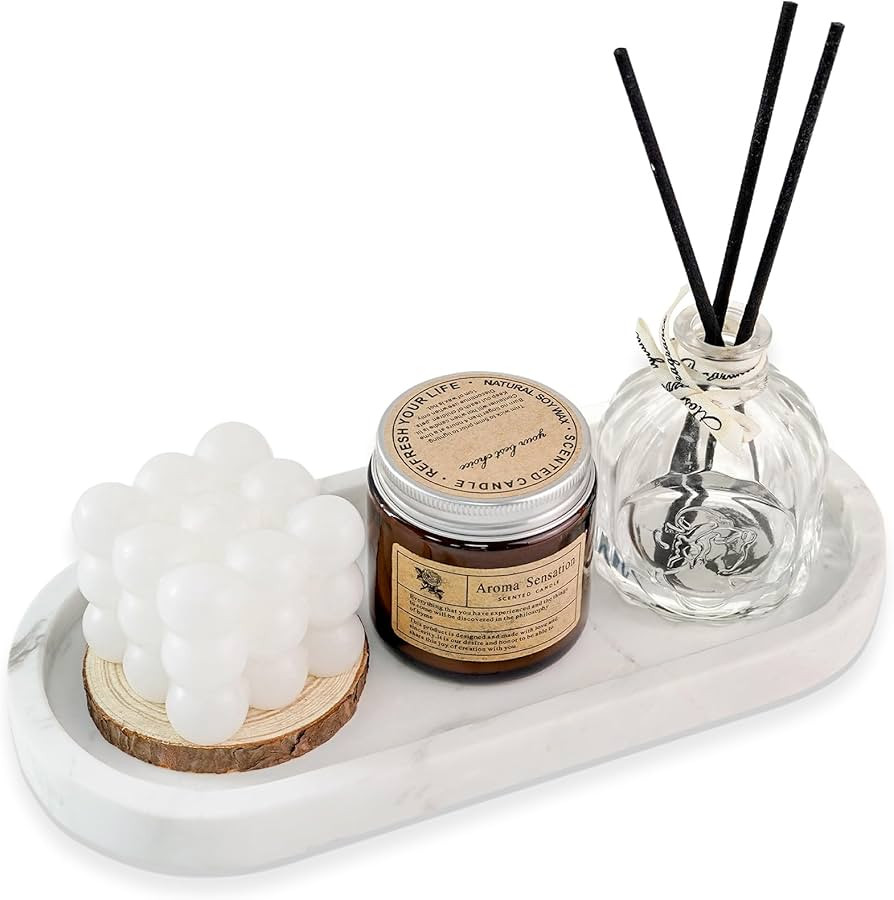 WORHE Italy Stone Tray Natural Marble Vanity Tray for Jewelry, Candles, Perfume, Decorative Tray ... | Amazon (US)