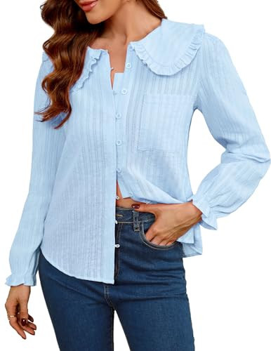 LOOKBOHO Women's Long Sleeve Shirts - Peter Pan Collar Button Down Blouse, Lightweight Cotton Tops for Women, Elegant Work & Casual Wear, Puff Sleeve Fall & Spring Top Pure Blue Medium | Amazon (US)