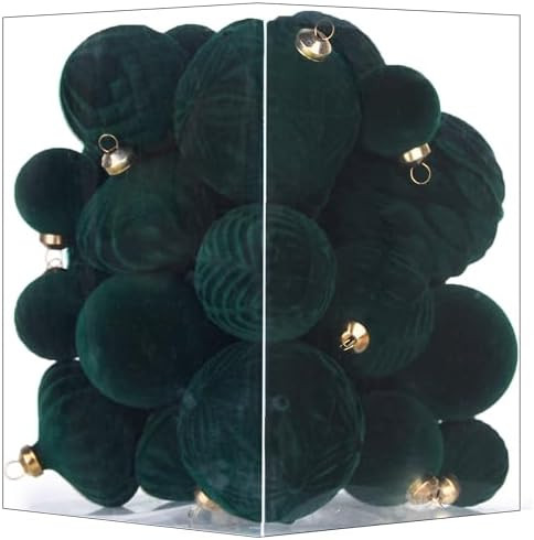 Flocked Ornaments for Christmas Tree Decorations - 35pcs Dark Green Velvet Ball Ornament for Wint... | Amazon (US)