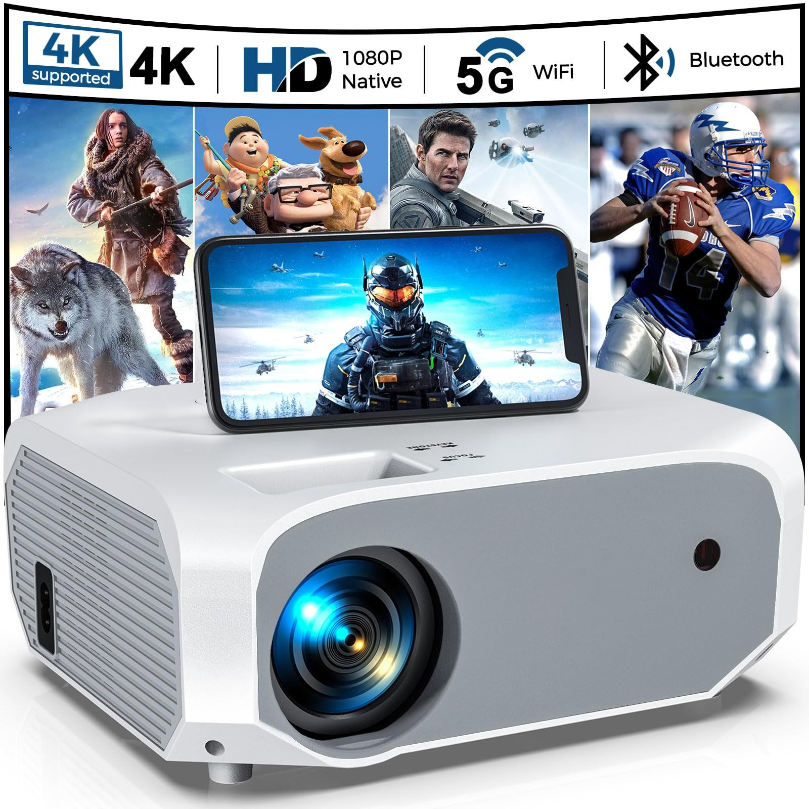 Projector with 5G WiFi and Bluetooth Native 1080P 4K Support, Outdoor Movie Projector, Portable H... | Amazon (US)