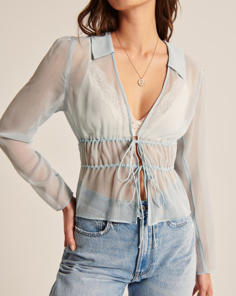 Long-Sleeve Tie-Front Sheer Top | Abercrombie & Fitch (US)