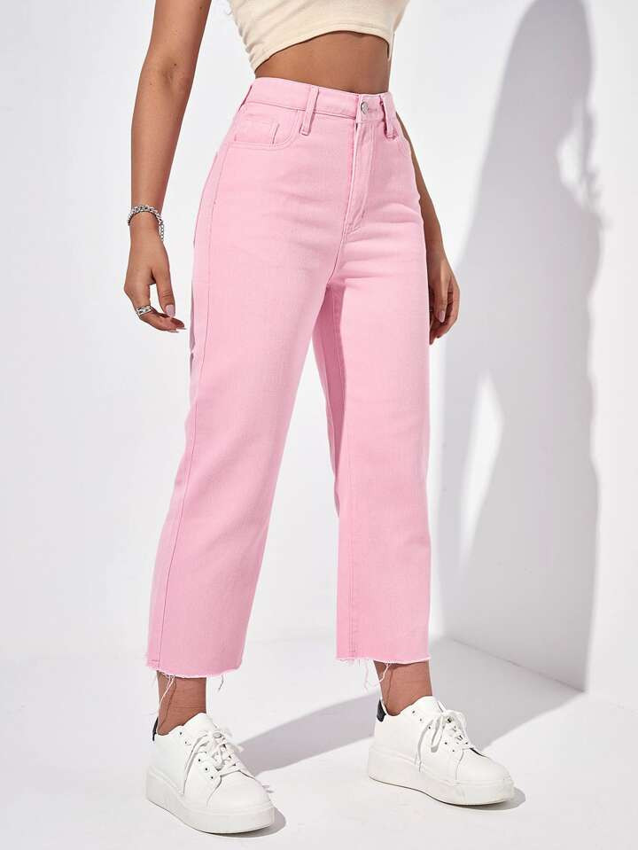 SHEIN EZwear High Waist Raw Hem Straight Leg Jeans | SHEIN