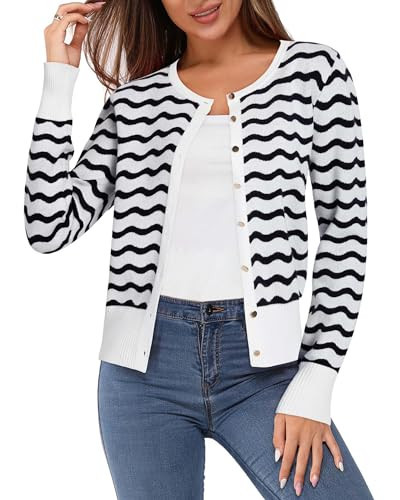 Newshows Women's Cardigan Sweaters 2024 Lightweight Striped Button Down Knit Jackets Fall Fashion Bussiness Casual Outfits White Black | Amazon (US)