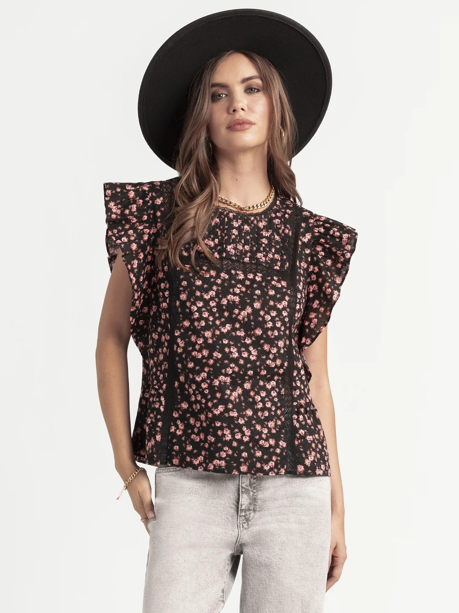 Jessica Simpson Women’s Bowie Cotton Blouse with Ruffle Sleeves, Sizes XS-XL | Walmart (US)