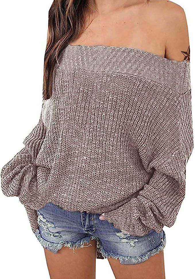 Exlura Women's Off Shoulder Sweater Batwing Sleeve Loose Oversized Pullover Knit Jumper | Amazon (US)