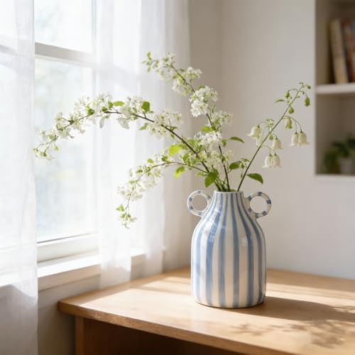 oliruim Ceramic Blue and White Striped Vase with Handle, Modern Minimalist Coastal Decor Home for Centerpieces for Tables, Kitchen Office, Bookshelf, Bedroom Aesthetic Decor (A) | Amazon (US)