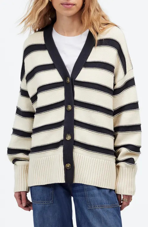 Madewell Stripe Oversize Cotton Cardigan in Cream Navy Stripe at Nordstrom, Size X-Large | Nordstrom