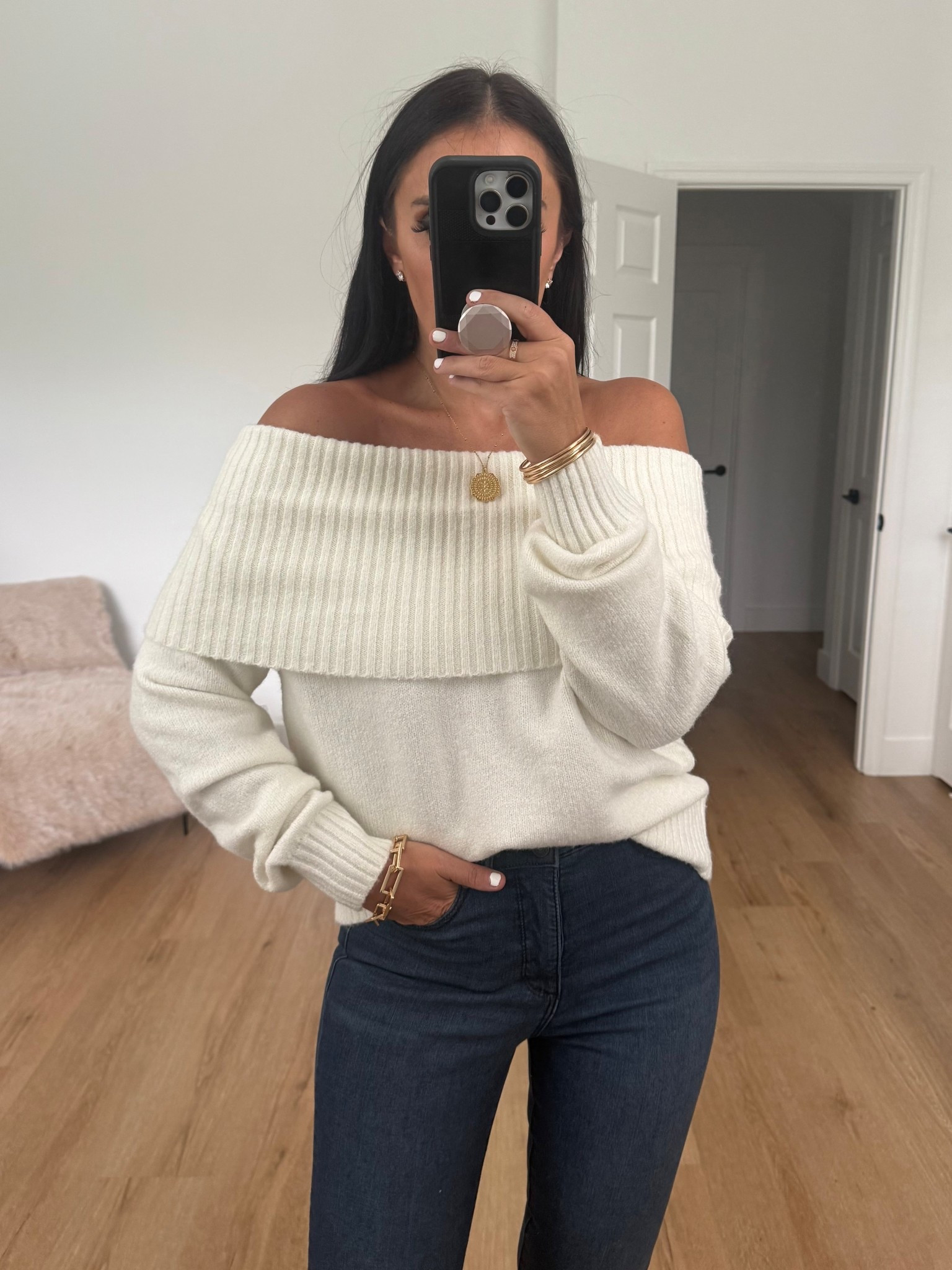 BP. Off the Shoulder Sweater wearing size medium. Sofia Jeans Women's and Women's Plus Eva Contouring Skinny High Rise Ankle Jeans wearing size 4 only $22.