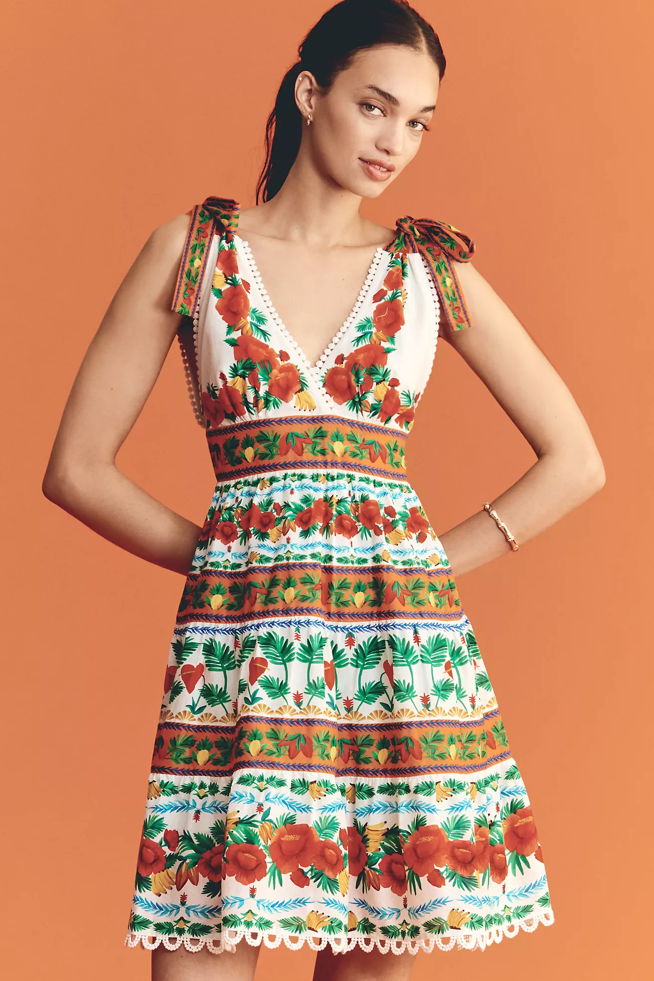 Farm Rio x Anthropologie V-Neck Tiered Mini Dress | Anthropologie (US)
