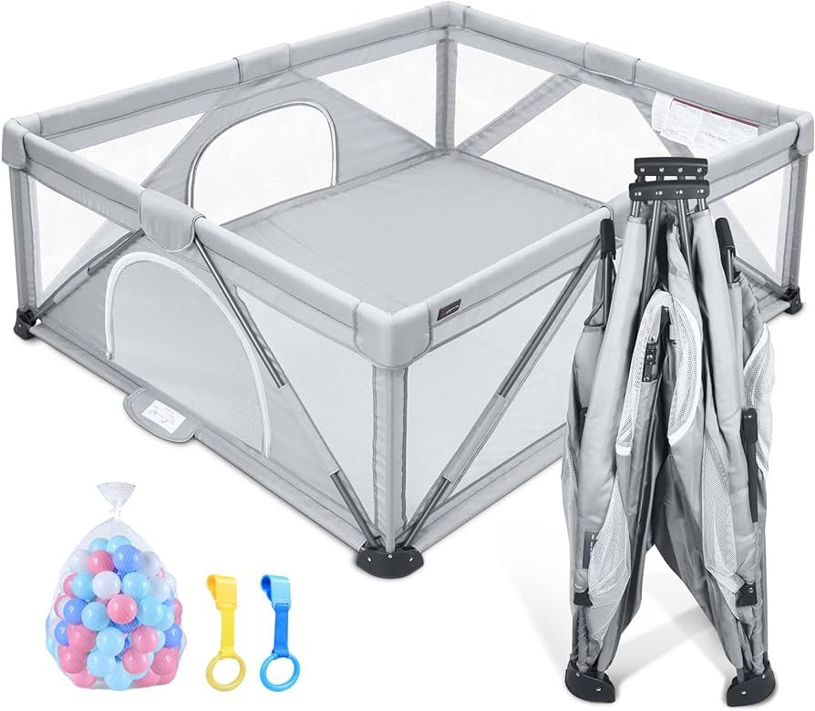 ANGELBLISS Baby Playpen, Foldable Playpen for Babies and Toddlers, Indoor & Outdoor Baby Activity Center with Visible Breathable Mesh, Portable Play Yard with 2 Handlers+50 Balls-59”×71”（Grey） | Amazon (US)