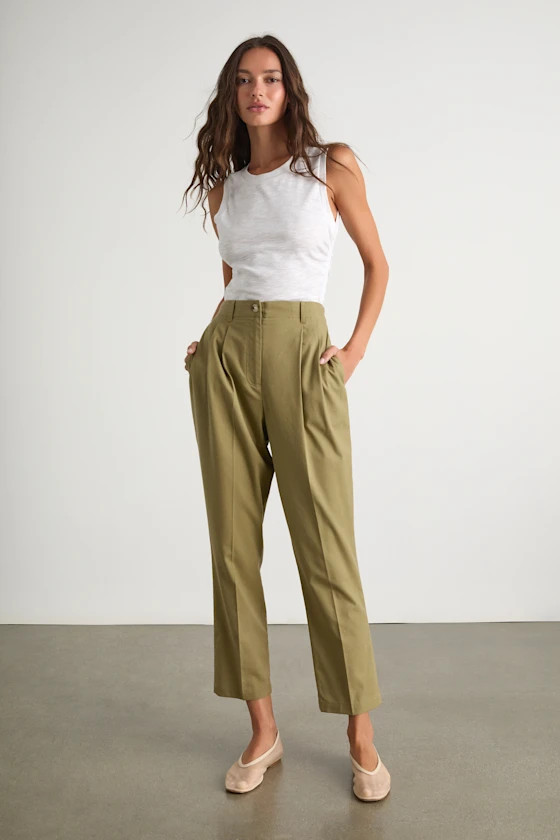 Sophisticated Company Olive Linen Straight Leg Trousers | Lulus