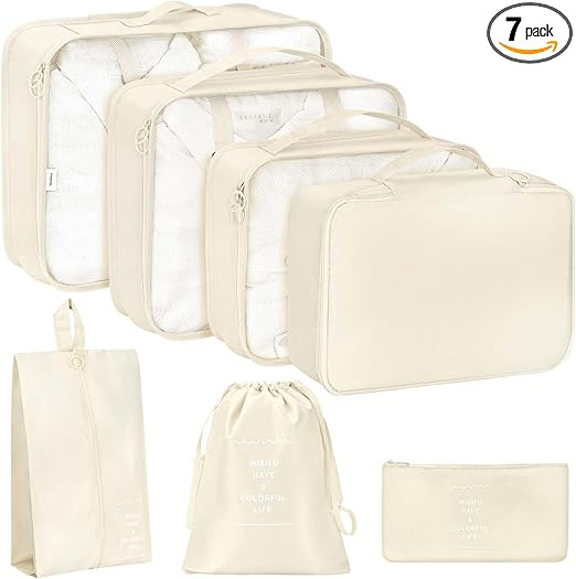 7 Pack Luggage Packing Organizers Packing Cubes Waterproof Suitcase Organizer Bags Travel Packing... | Amazon (US)
