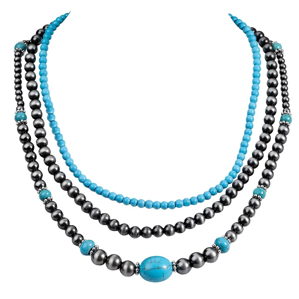 Turquoise & Navajo Pearl Layered Necklace Set for Women – Handcrafted Boho Necklace Navajo Pear... | Amazon (US)