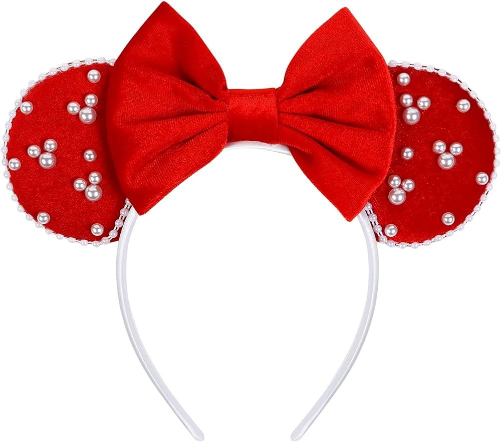 WOVOWOVO Mouse Ears Headbands for Women Girls Red Bow Pearl Hairbands Velvet Headband Christmas C... | Amazon (US)