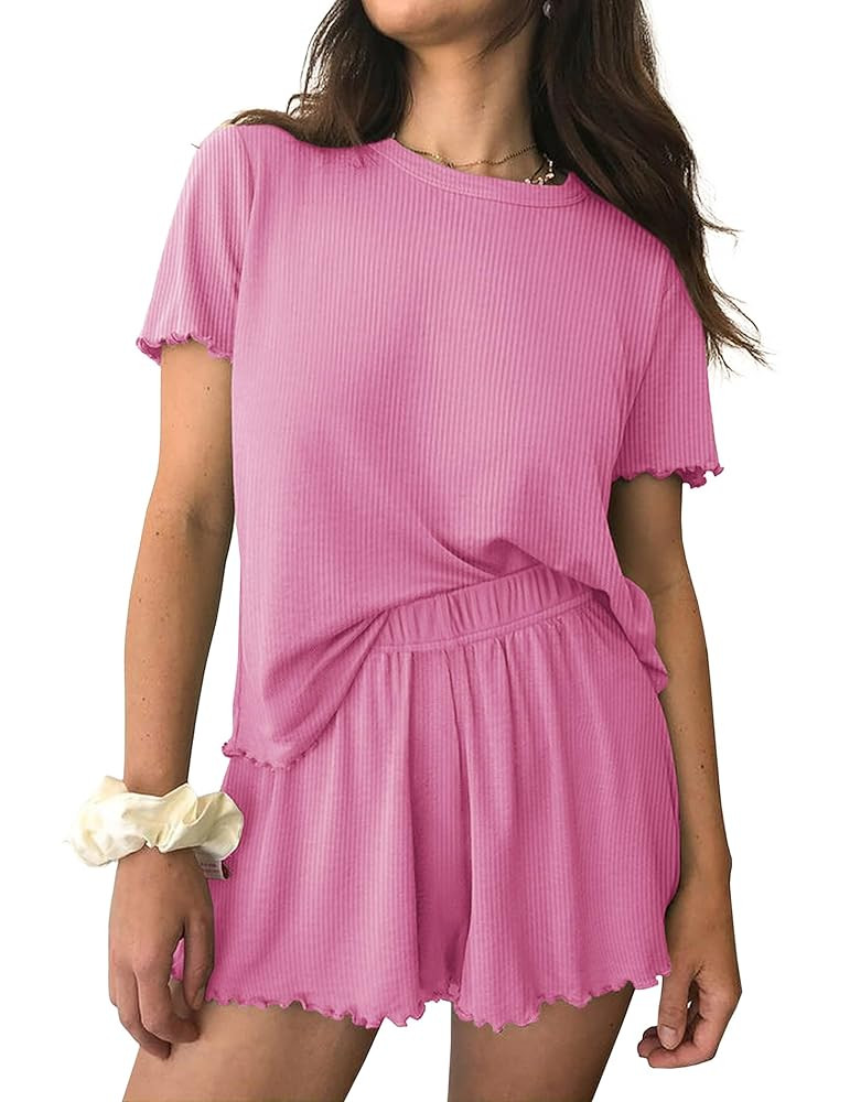 Ekouaer Womens Pajamas 2 Piece Ribbed Knit Pjs Short Sleeve Sleepwear Set Summer Soft Pajamas Set... | Amazon (US)