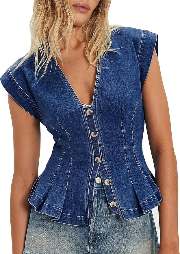 Women's Denim Vest Trendy 2026 Cap Sleeve Deep V Neck Button Down Jean Vest Tops for Women Summer... | Amazon (US)