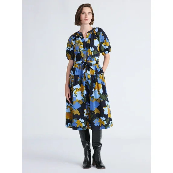 Free Assembly Women's and Women's Plus Cotton Midi Dress with Puff Sleeves, Sizes XS-4X | Walmart (US)