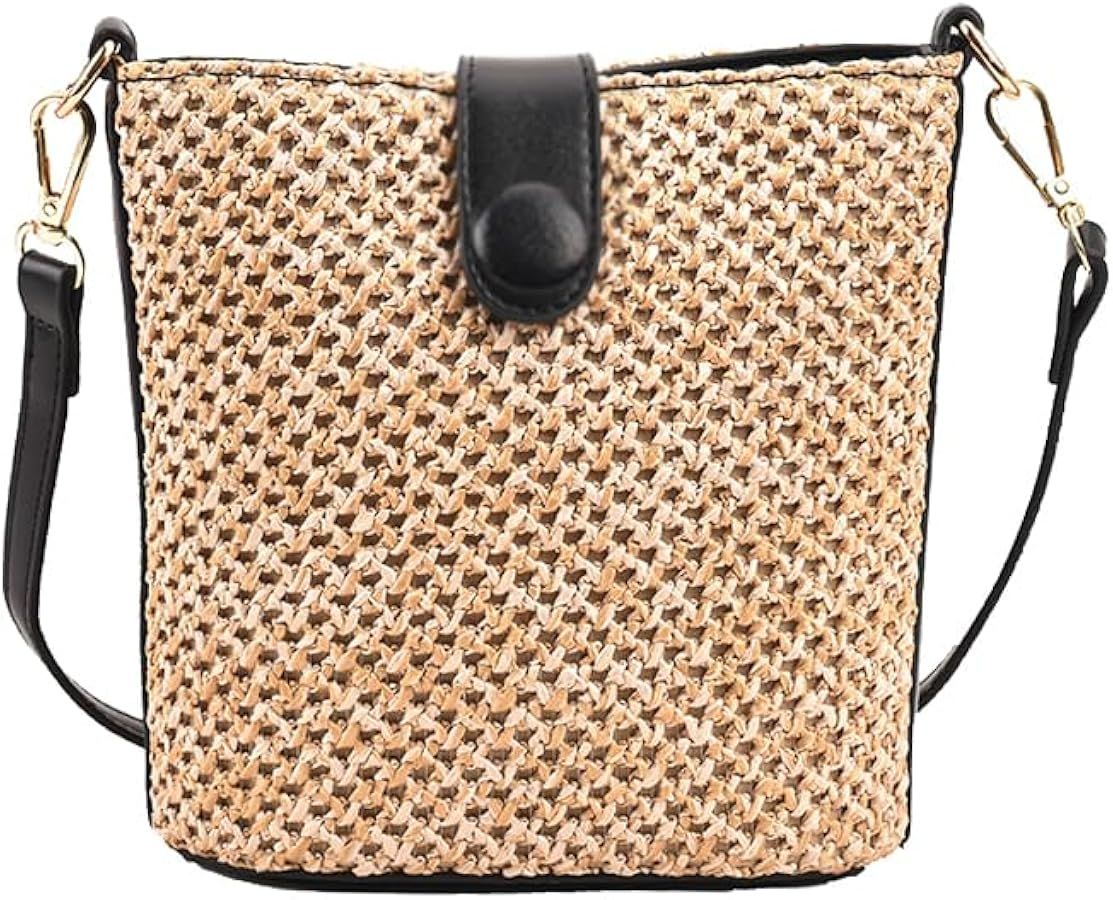 Women Straw Crossbody Bag Beach Handmade Rattan Shoulder Bags Hand Woven Leather Straps Straw Clu... | Amazon (US)