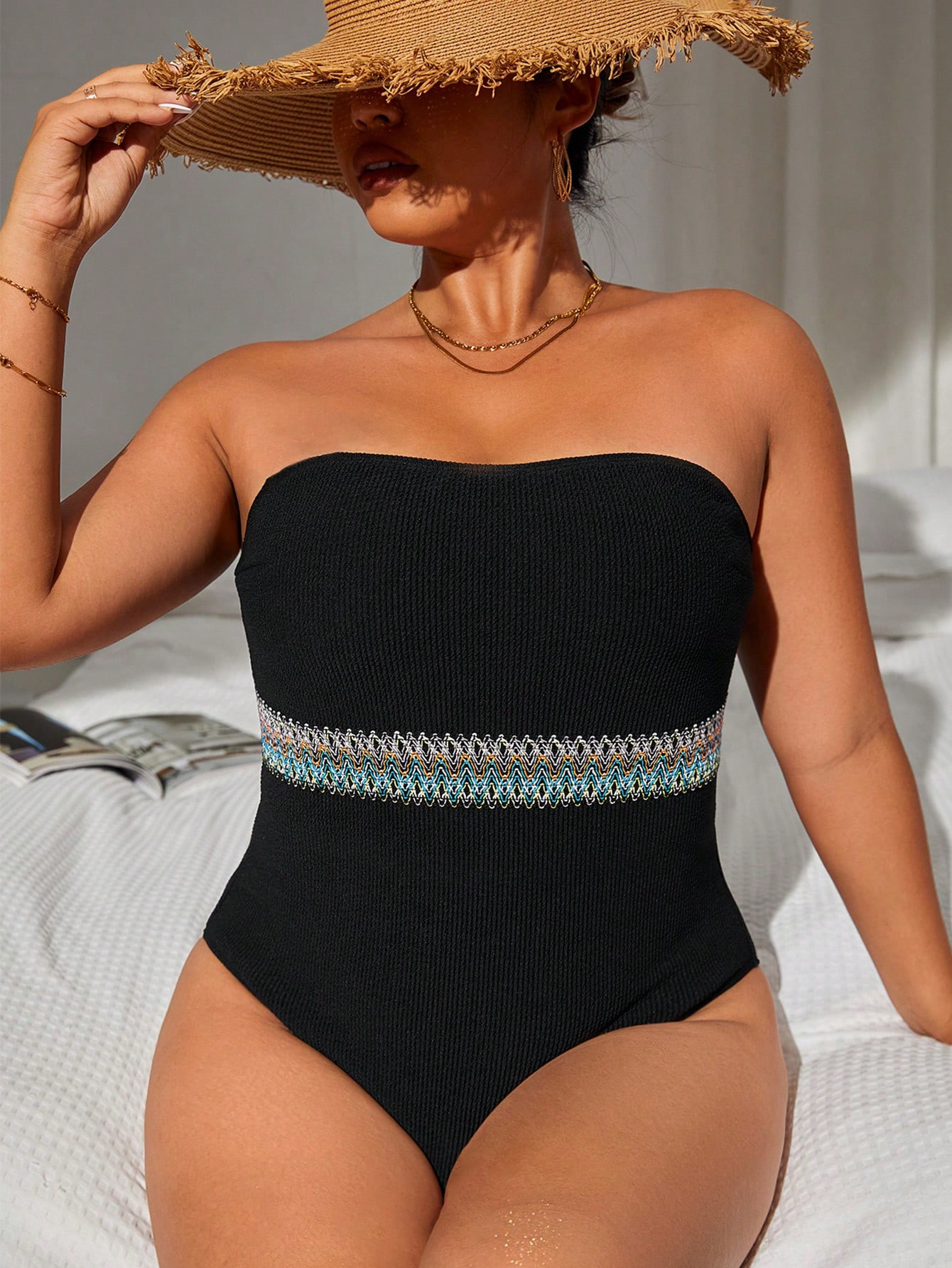 SHEIN Swim Curve Summer Beach Plus Chevron Tape Panel Tube One Piece Swimsuit | SHEIN