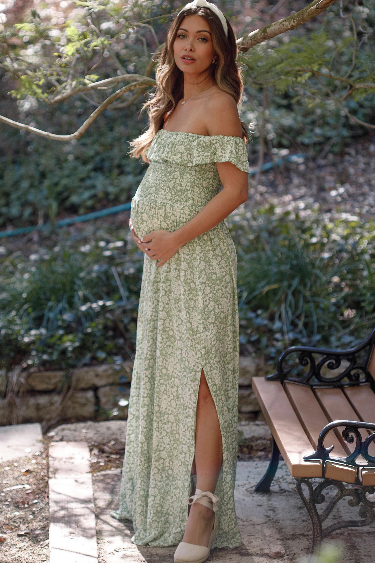 Green Floral Ruffle Off Shoulder Maternity Maxi Dress | PinkBlush Maternity