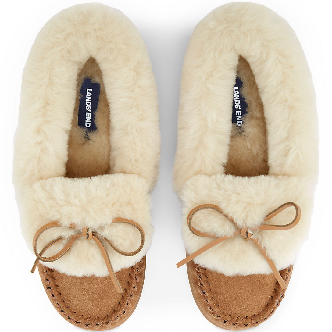 Women's Suede Leather Fuzzy Shearling Fur Moccasin Slippers | Lands' End (US)
