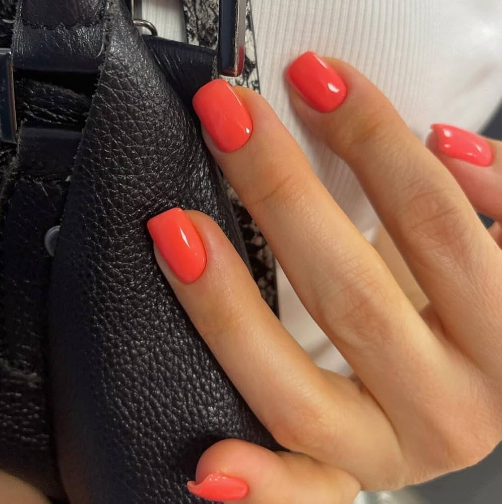 KQueenest Coral Pink Press On Nails Short Square - Acrylic False Nails, Peach Orange Short Fake N... | Amazon (CA)