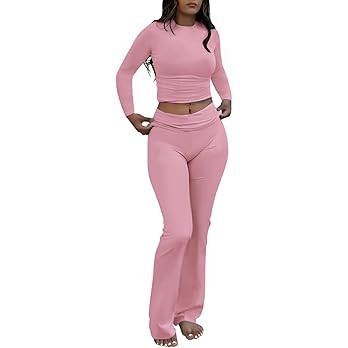 AYWA Women's 2 Piece Outfits Foldover Flare Pants Long Sleeve Crew Neck T-shirt Fitted Pajama Set... | Amazon (US)