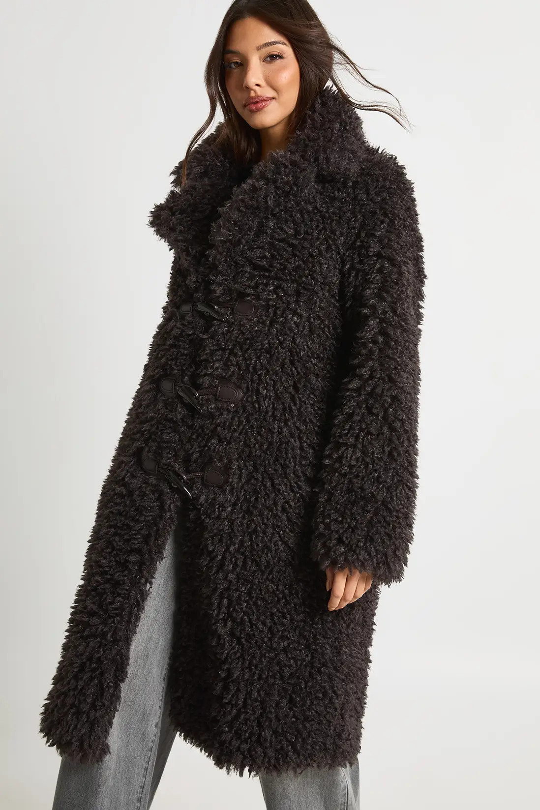 Shaggy Faux Fur Toggle Front Longline Coat | boohoo (US & Canada)