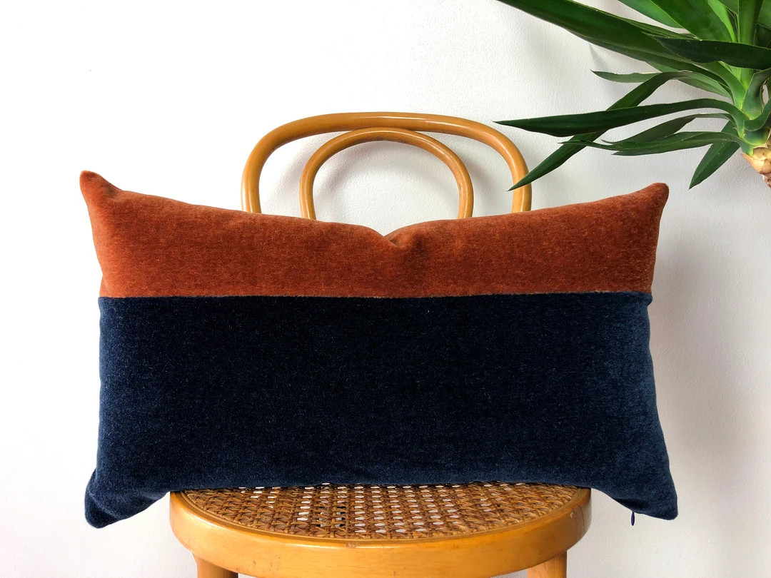 NAVY & RUST Mohair Velvet Color Block Pillow 12x20, 14x24 Lumbar - Etsy | Etsy (US)