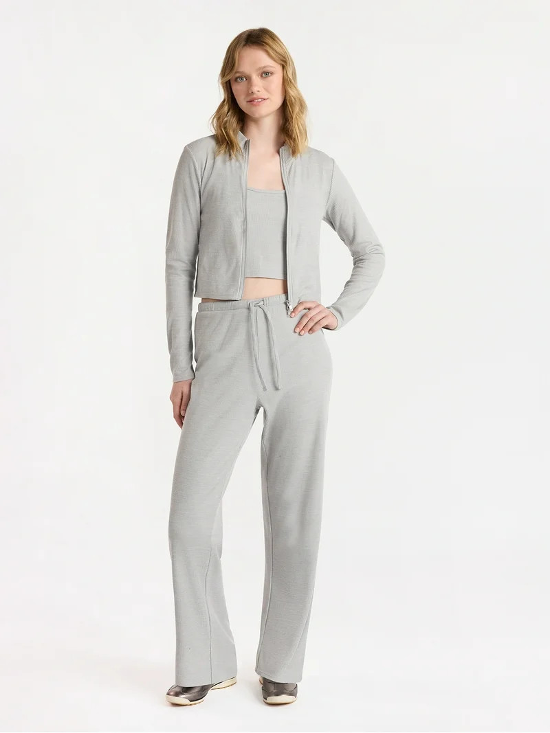 No Boundaries Waffle Knit Tank Top, Jacket, and Pants Set, 3-Piece, Women's | Walmart (US)
