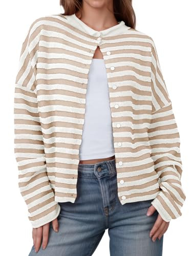 Saodimallsu Womens Striped Cardigan Casual Long Sleeve Open Front Button Down Loose Knit Lightweight Fall Sweaters Beige | Amazon (US)