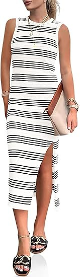Wenrine Womens Summer Sundress Bodycon Midi Dress Sleeveless Casual Knit Striped Hollow Out Slit ... | Amazon (US)