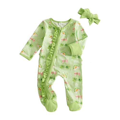 Kuriozud Newborn St Patricks Day Outfit Baby Girl Shamrock Footie Romper Sleeper with Headband Cute Infant Clothes (Rainbow Clover Green, 0-3 Months) | Amazon (US)